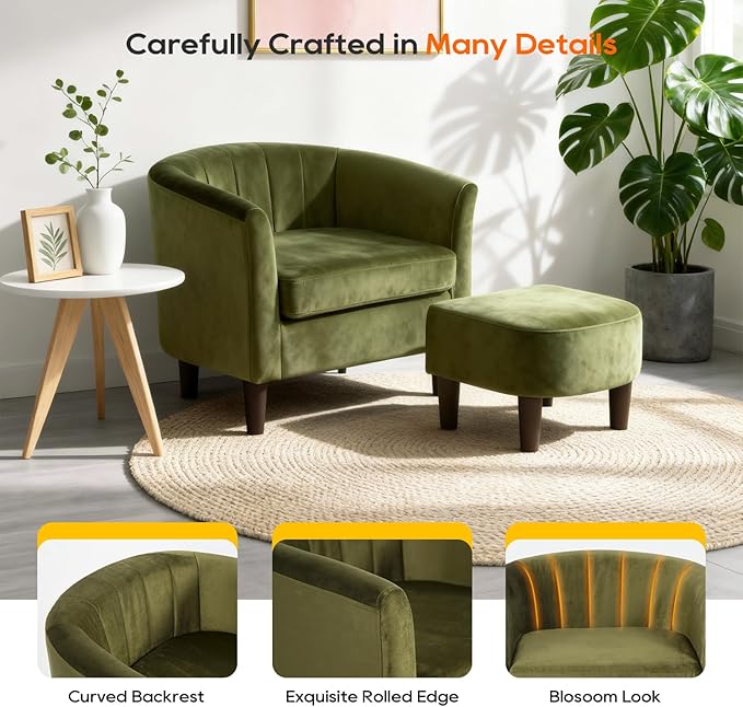 PayLessHere Accent Chair with Ottoman Cozy Velvet Armchair for Reading and Relaxing Modern Living Room Chair for Bedroom Living Room &amp Apartment (Green)