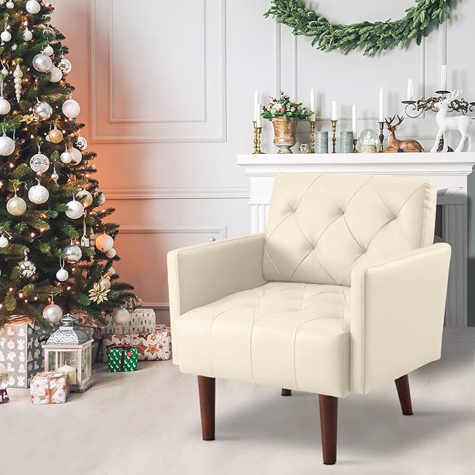 Leather Accent Chair Mid Century Modern PU Leather High Back Armchair for Living Room Chairs with Solid Wood Legs for Small Spaces Bedroom Office (White 29.1 x 25.6 x 31.1)