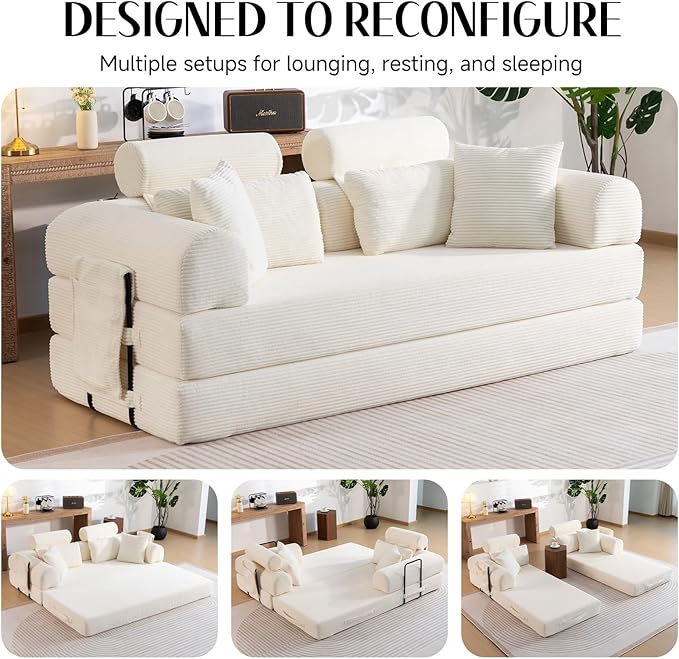 79 Corduroy Sofa Bed Sleeper Couch 6-in-1 Convertible Boneless Floor Futon Loveseat High-Density Foam Couch in a Box with 2 Headrest Pillows No Assembly Beige