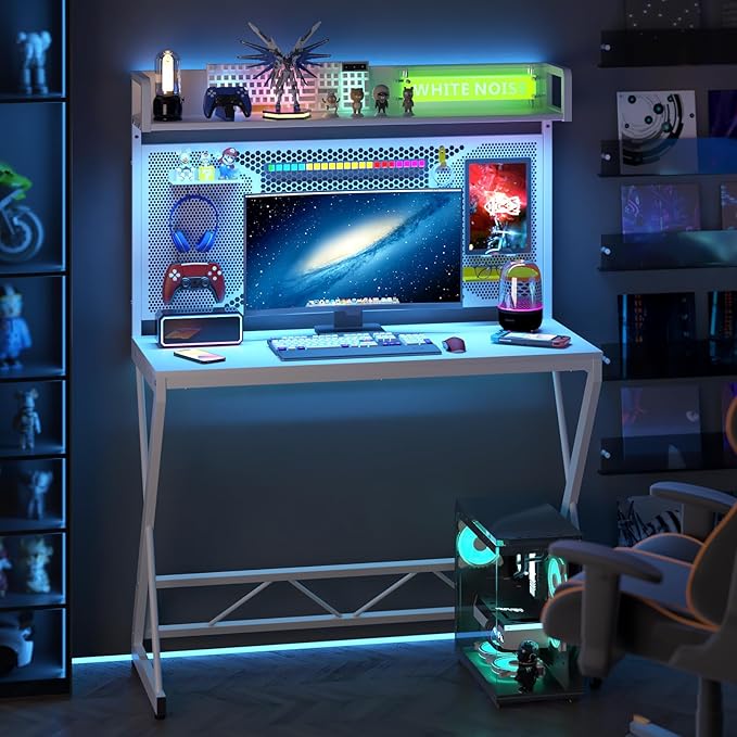 Elephance Small Gaming Desk with Pegboard 39 Inch Computer Desk with Storage Shelves Modern Office Desk for Study Work Home Office Small Spaces White