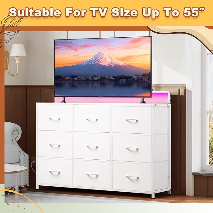 White TV Stand for 45 50 55 inch TV TV Media Console Table with LED Lights &amp Charging Station Entertainment Center with 9 Fabric Drawers and Open Shelves for Living Room Hallway