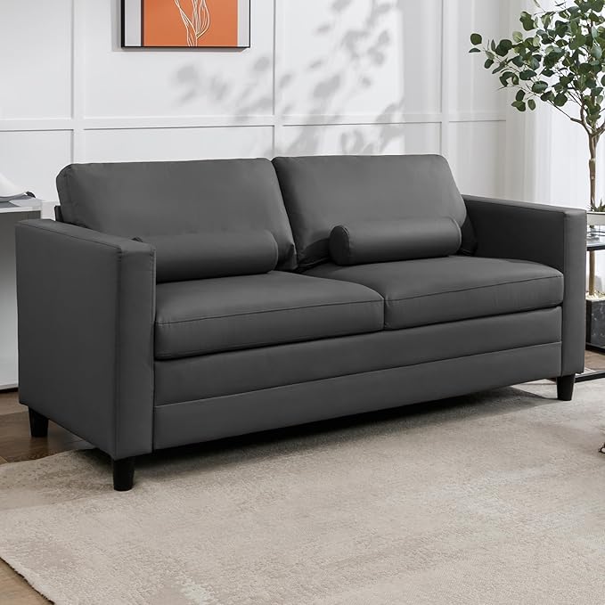 Mjkone Full Size Pull Out Sofa Bed 2-in-1 Modern Loveseat Couch Bed with Memory Form Mattress Faux Leather Convertible Sleeper Sofa Couch for Living Room Office Apartment and Small Space Grey