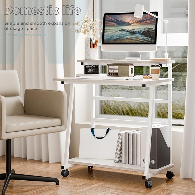 Rolling Computer Desk on Wheels for Small Space 3-Tiers Home Office Desk with Monitor Stand and Storage Shelves Freestanding Mobile Writing Table Laptop Table White