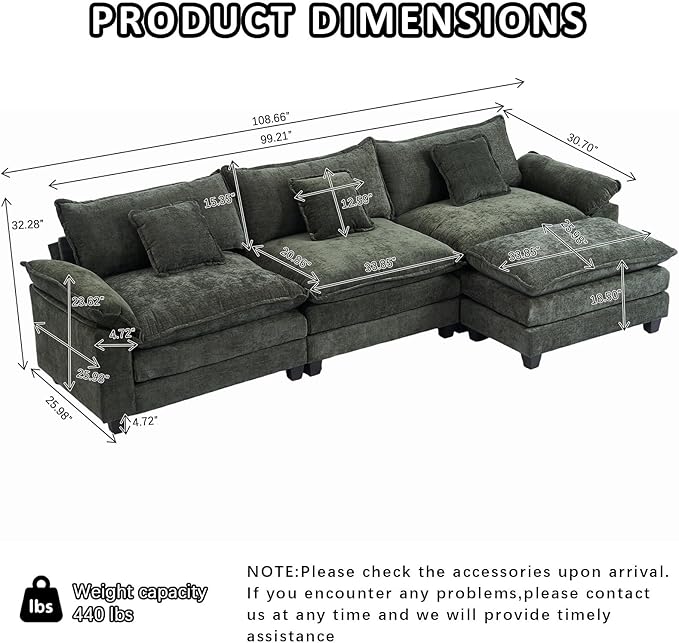 Gexpusm Modular Sectional Sofa108 L Shaped Modular Cloud Couch Sectional with Deep SeatSofas with ChaiseCouches with Ottoman for Living Room BedroomChenille Oversized Sleeper Sofa (Green)
