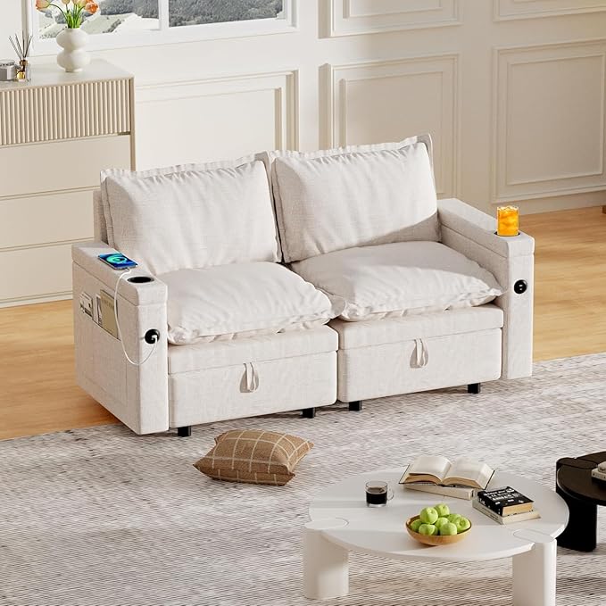 Middle Module for Modular Sectional Sofa Convertible Sectional Sofa Couch with Storage Sing Seat Accent Armless Chair DIY Combination Beige Chenille