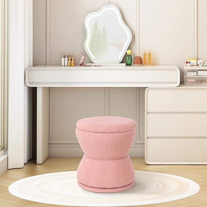 DHMAKER Round Storage Ottoman Swivel Teddy Vanity Stool ChiarModern Sherpa Footstool Makeup Chair Upholstered Footrest for Living Room Bedroom EntrywayPink
