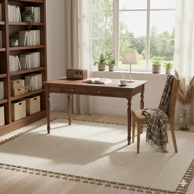 Large Computer Desk with 2 Storage Drawers 47 Home Office Desks- Elegant Wood Writing Desks Classic Vanity Dressing Table for Small Space Easy Assembly Caramel Brown SXC-D776