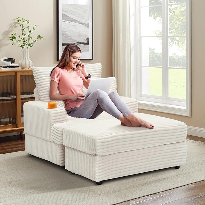 Chaise Lounge Chair Indoor 39 W Plush Corduroy Oversized Chair with Ottoman Upholstered Cozy Chaise with Cup Holder Modern Deep Seat Comfy Sofa Armchair for Living Room Bedroom(White)