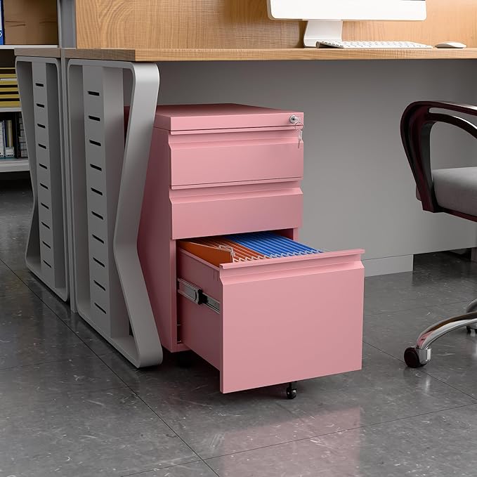 SUXXAN 2 Drawer Mobile File Cabinet with Lock Under Desk Metal Filing Cabinet for Office HomeVertical Cabinet Legal/Letter Size Need to Assembled (Pink)