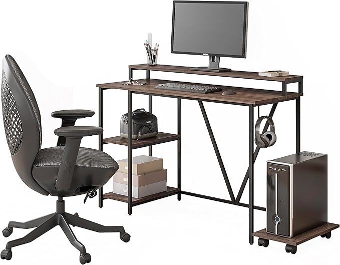 Techni Mobili Computer Desk - Industrial Writing Desk with Storage Shelves Monitor Stand &amp Accessory Holder - Home Office Laptop Computer Table with CPU Caddy &amp 2-Tier Small Bookshelf Space