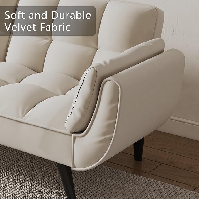Olela Futon Sofa Bed Convertible Sleeper Couch 74 W Modern Velvet Loveseat with Adjustable Backrests and Solid Wood Legs for Living Room Bedroom Small Space (Beige)