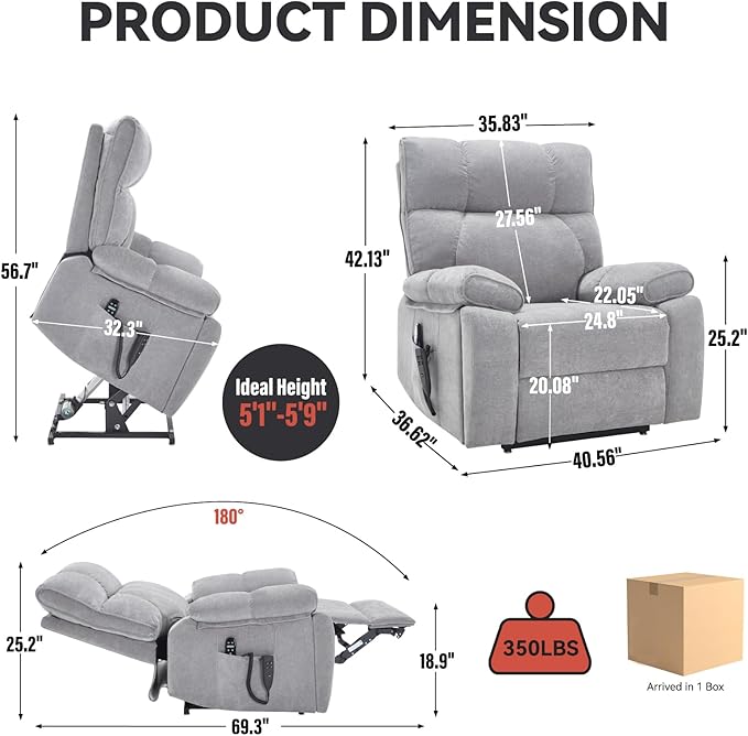 Oversized Power Lift Recliner Chair for Elderly Dual Motor Lift Chair with Vibration Massage &amp Lumbar Heating Standing Assistance Recliner with Cup Holders for Living Room - Chenille Fabric Gra