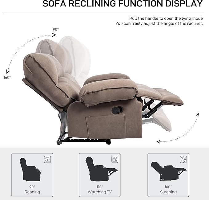 Extra Wide Velvet Manual Recliner Chair for Adults Oversized 27’’ Seat Width Reclining Sofa with Massage and Heating for Big and Tall People Overstuffed Lazy Boy Couch for Living Room Brown