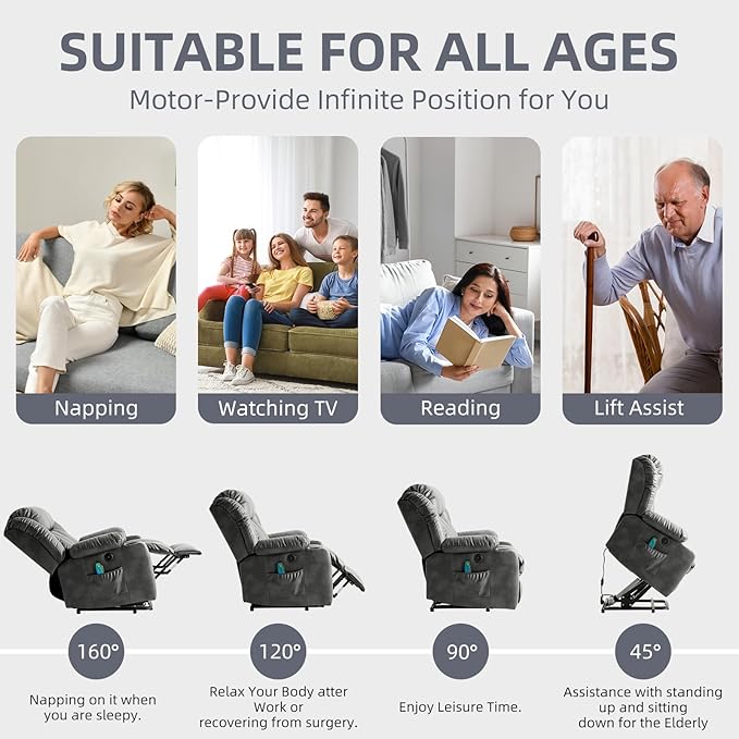 Power Lift Recliner Chair for Elderly Electric Recliner Chairs for Adults with Massage and Heat Cup Holders Remote Control USB Ports Side Pockets Leather (Aluminum Gray)