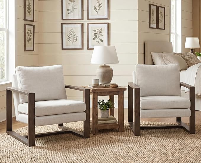 CIMOTA Modern Mid Century Accent Chairs Set of 2 Comfy Armchairs with 8.5 Thick Cushion &amp Armrests Upholstered Reading Lounge Chairs with Walnut Frame for Living Room Bedroom Office Beige