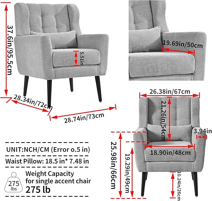 KEIKI Modern Accent Chair Chenille Armchair with Pillow Upholstered Arm Chairs with Solid Wood Legs Soft Padded Lounge Chair Mid Century Reading Chair for Living Room Bedroom Olive Green