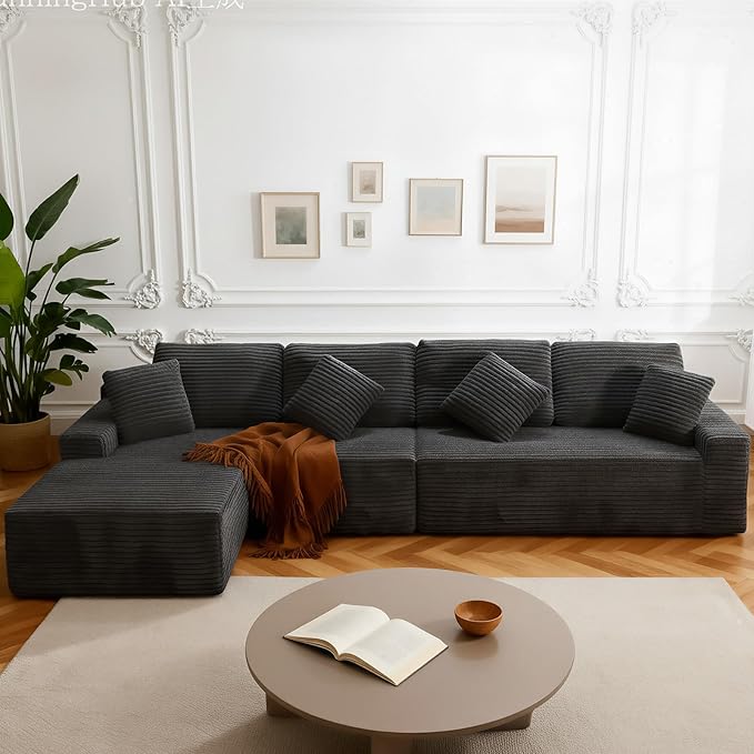 142 Cloud Modular Boneless Couch L-Shaped Left Facing Chaise Sectional Sofa Deep Seat Plush Corduroy Upholstery - Memory Foam Comfy Fluffy Couches for Living Room Bedroom No Assembly Required