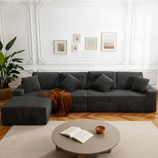 142 Cloud Modular Boneless Couch L-Shaped Left Facing Chaise Sectional Sofa Deep Seat Plush Corduroy Upholstery - Memory Foam Comfy Fluffy Couches for Living Room Bedroom No Assembly Required