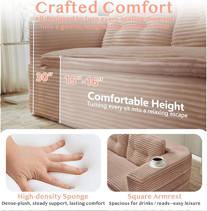 80'' Futon Sofa Bed King Size Foldable Sleeper Sofa Corduroy Boneless Loveseat Couch with Chaise Lounge 3 Pillows Blanket Upholstered Sectional Couches for Living Room Bedroom Pink