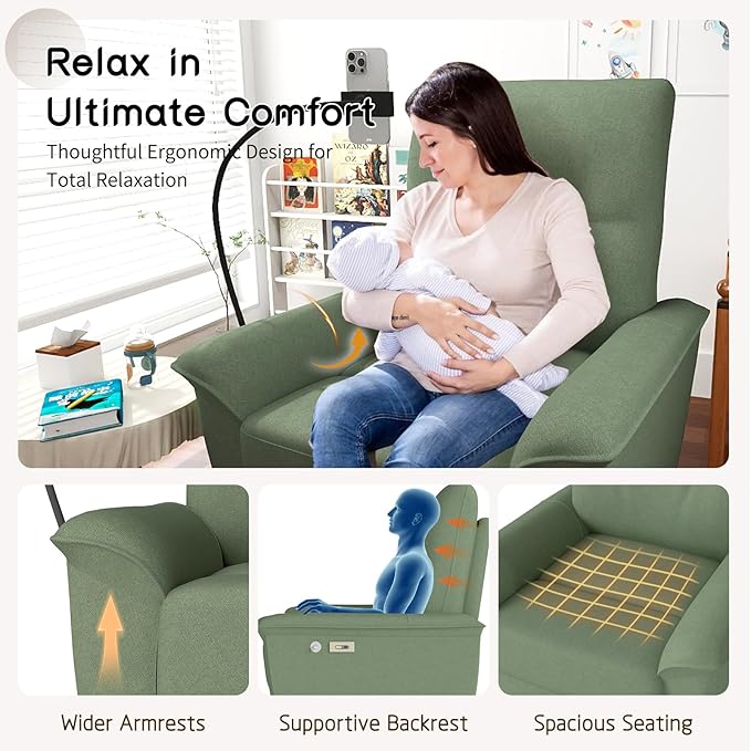 cinkehome Power Swivel Rocker Recliner Electric Glider Recliner for Nursery with USB &amp Type-C and Phone Holder Upholstered Rocking Recliner for Living Room Nursery Green