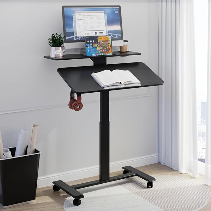 Pneumatic Standing Desk with Wheels - Adjustable Height 28 - 46 &amp 0-90° Tilt 31.5 x 17.7 Skin-Feel Desktop Rolling Computer Desk for Home Office Hospital School (Black)