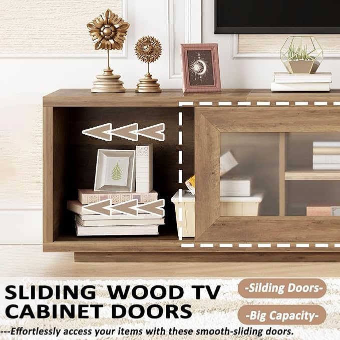 HSH 70 inch TV Stand for 75 TVEntertainment Center for Living Room Under TV Storage CabinetLow Modern TV Media Console Wood with Sliding Doors for BedroomRustic Oak