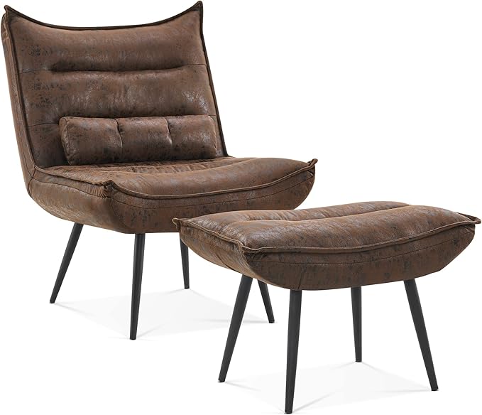 MCombo Wingback Accent Chair with Ottoman Modern Bronzing Fabric Upholstered Club Chair for Small Space Living Room 4400 (Dark Brown)