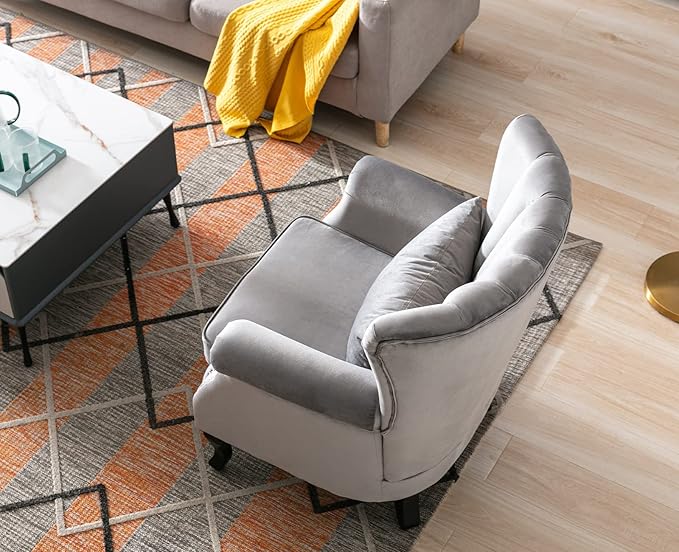 Kmax Grey Accent Chair Velvet Wingback Chair with Pillow Nail-Head Channel Tufted Oversized Club Chair for Living Room Bedroom Guest Room