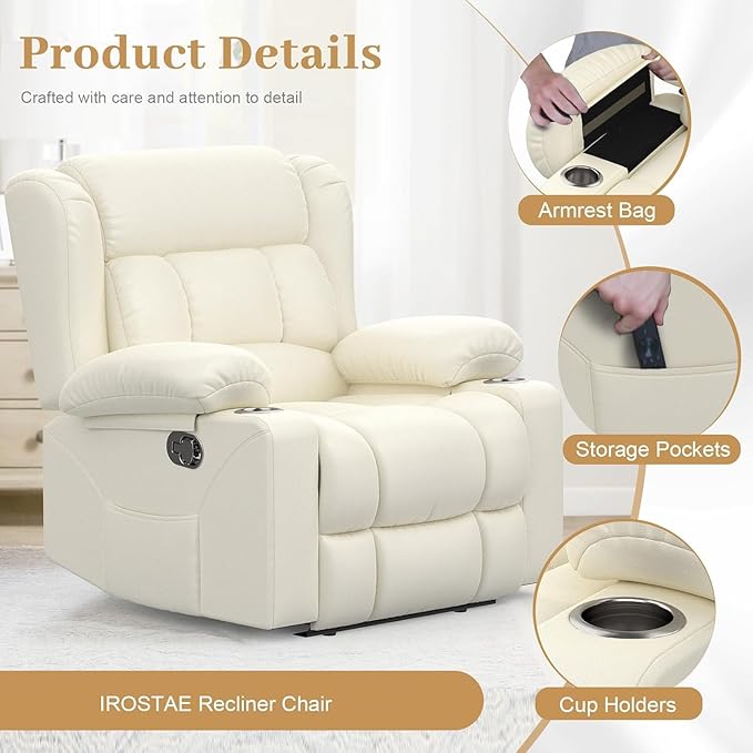 Recliner Chair Oversized Manual Reclining Chair for Adults Single Reclining Sofa with Cup Holder &amp Pocket Lounge Recliner for Living Room Home Theater Seating RV Chairs