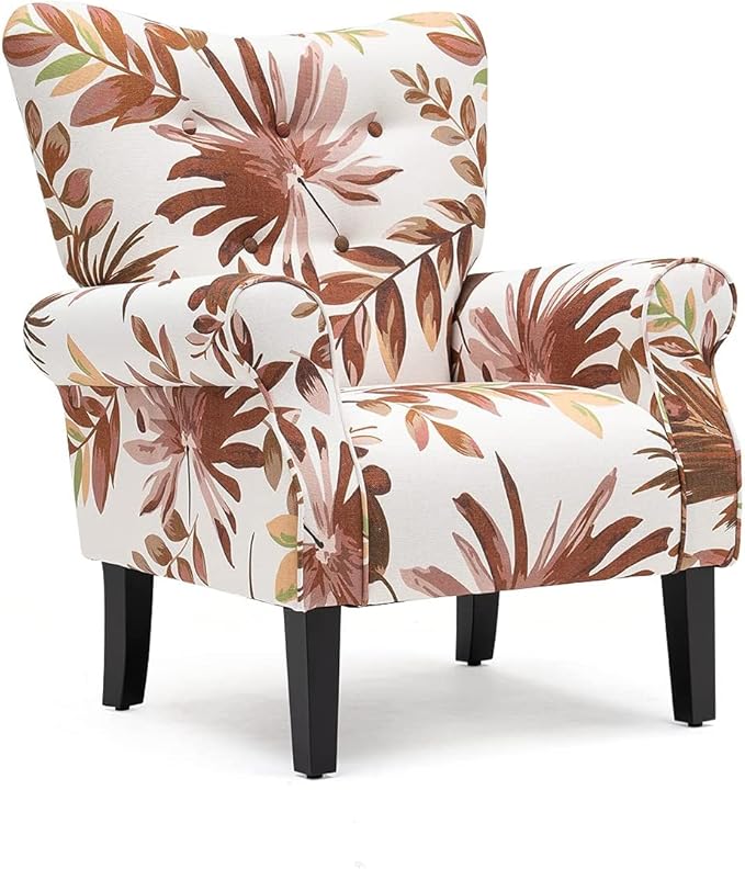 MELLCOM Mid Century Wingback Arm ChairModern Upholstered Fabric High Back Accent Chair with Wood LegsUpholstered Single Sofa Club Chair for Living Room Bedroom Home Office Red Leaves