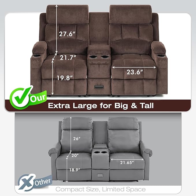 Oversized 72 Loveseat Recliner Sofa with Console Manual Double Reclining Sofa with USB Ports Cup Holders &amp 2 Phone Holders for Living Room Home Theater Game Room (Brown Velvet)