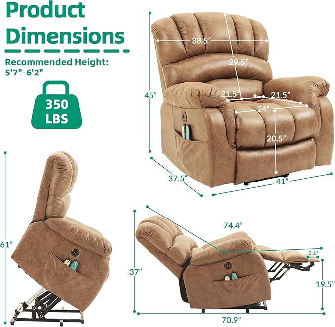 VIVIJASON Tall Man Large Power Lift Recliner Chair with Extended Footrest for Elderly Overstuffed Wide Electric Lift Chair with Heat &amp Massage 2 Remote Controls Side Pockets &amp USB Ports Sa