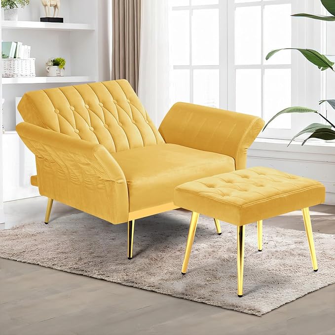 Velvet Accent Chair with Adjustable Backrest and Armrests Single Recliner Armchair with Ottoman and Golden Mental Legs for Living Room Bedroom and Waiting Room Yellow