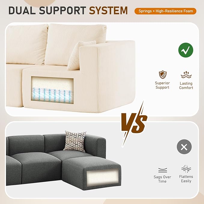 Boneless Cloud Couch with Movable Chaise Ottoman Moudular Sleeper Couch Dual-Core Support Spring &amp High-Resilience Foam 105 Corduroy Couch for Living Room No Assembly Beige