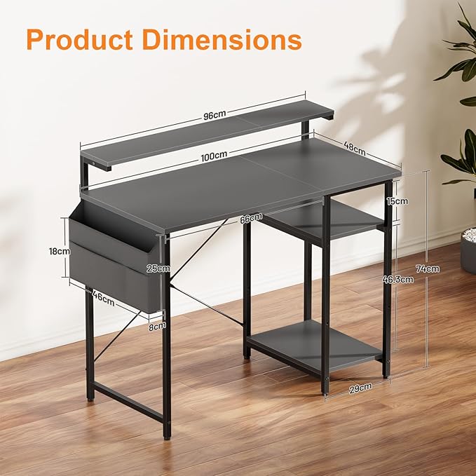 HLDIRECT Computer Desk with LED Lights 40Inch Gaming Desk with Monitor Stand &amp Side Storage Shelves Writing Study Table with Storage Bag for Home Office and Bedroom Gray