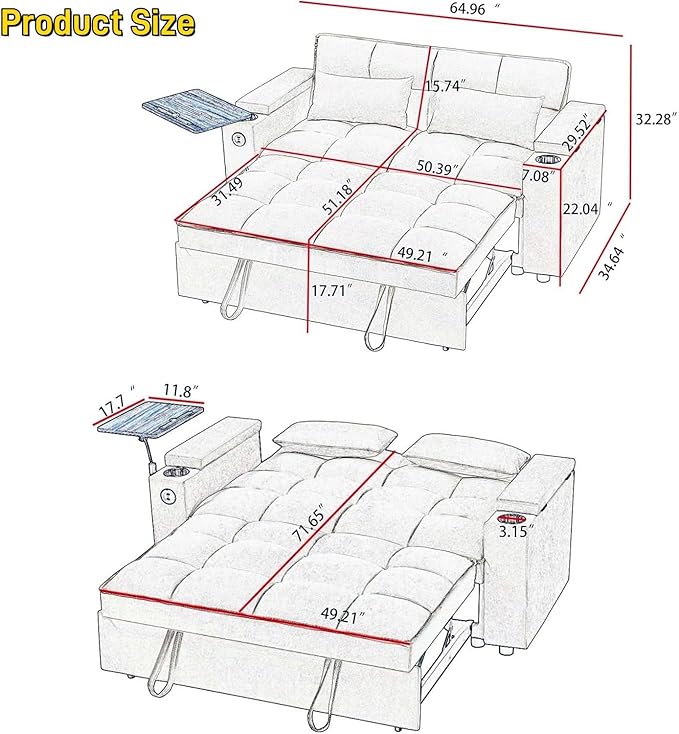  Large Size Convertible Sleeper Sofa BedPolka dot Velvet Pull Out Futon Couch with Storage handrails &amp Rotating Side TablesConvertible Sofa Couch for Living RoomRV (Beige)