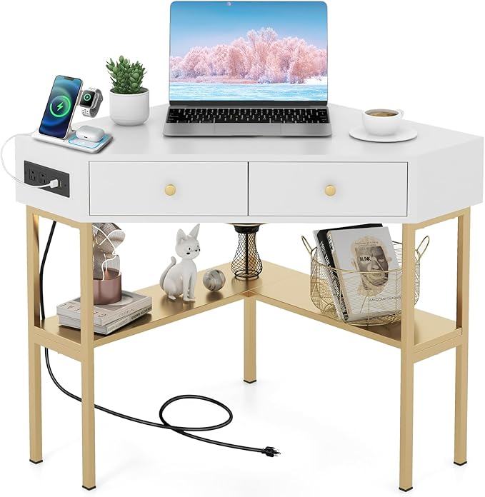Giantex Corner Desk with Charging Station 90 Degree Triangle Computer Desk with 2 Drawers &amp Storage Shelf L-Shaped Writing Desk Makeup Vanity Table Compact Corner Desk for Small Spaces (Gold)