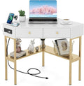 Giantex Corner Desk with Charging Station 90 Degree Triangle Computer Desk with 2 Drawers &amp Storage Shelf L-Shaped Writing Desk Makeup Vanity Table Compact Corner Desk for Small Spaces (Gold)