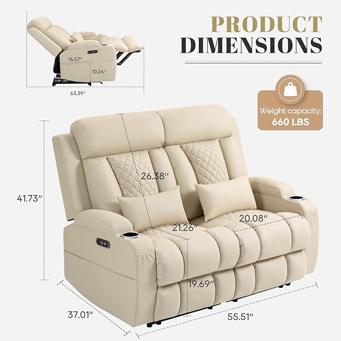 Zero Wall Hugger Power Reclining Loveseat with Adjustable Headrest Fabric Electric Recliner Sofa with USB &amp Type-C Ports Dual Cup Holders 2-Seater Couch for Living Room RV Home Theater (Beige