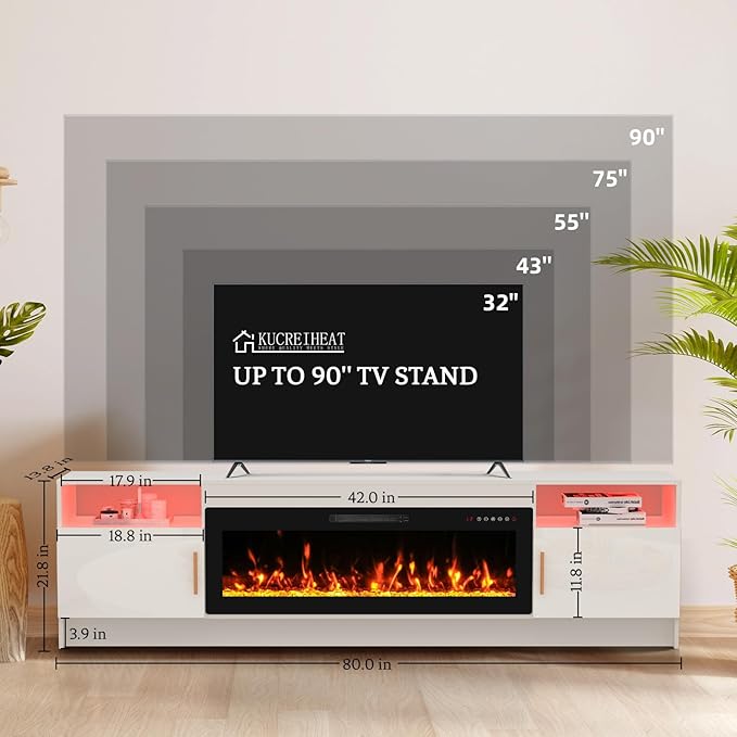 80'' TV Stand with Fireplace and Led Light-White Entertainment Center for 90 inch TV- TV Cabinet with Storage High Glossy Door Modern TV Console for Living Room