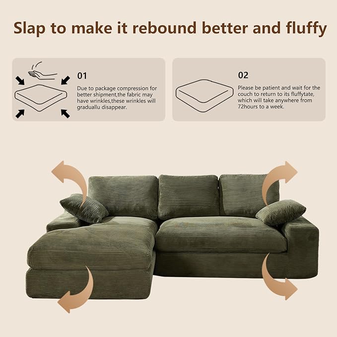 98.4 Green Sectional Sofa Cloud Modular Sectional Couch with ChaiseCorduroy Sectional Couches L-Shaped Modern Upholstered Sofa with Deep Seat for Living Room and BedroomNo Assembly Required(Green)