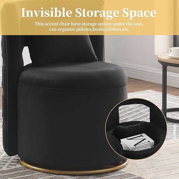 360° Swivel Accent Chair Velvet Chair with Storage Function Curved Chair with Gold Metal Base Accent Chair for Living Room Bedroom Home OfficeApartment-Black