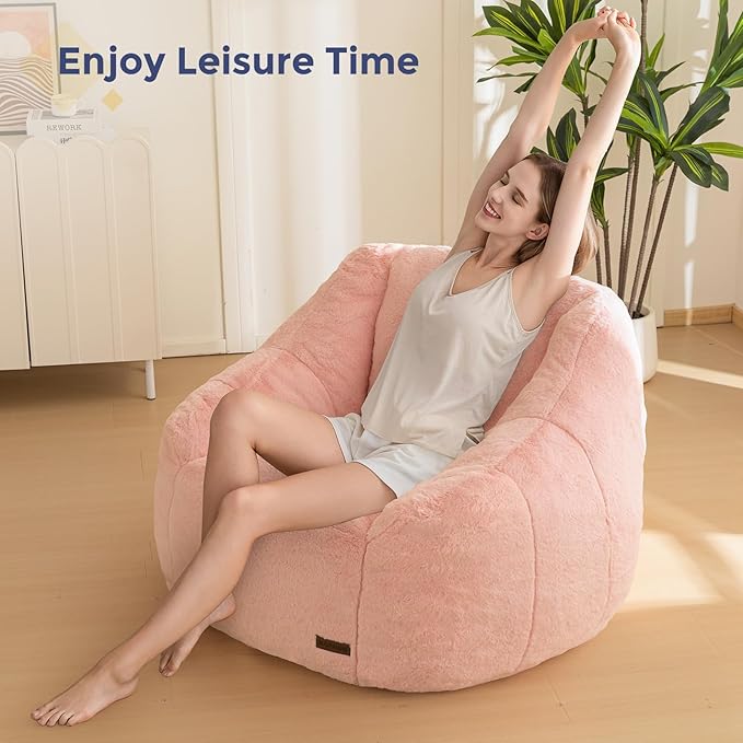MAXYOYO Bean Bag Chair Comfy Bean Bag Sofa with Back Support Faux Fur Bean Bag Chair for Adults and Kids Stuffed Floor Sofa for Living Room Bedroom Apartment Pink