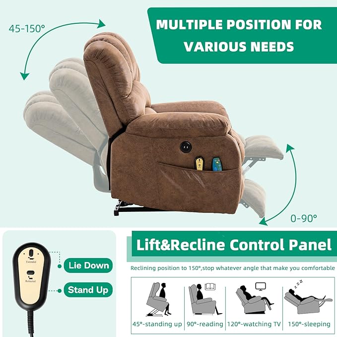 VIVIJASON Large Power Lift Chair Electric Recliner with Heat &amp Massage for Elderly Big People Heavy Duty and Safety Motion Wide Recliners with 2 Remote Controls Side Pockets &amp USB Ports Bro