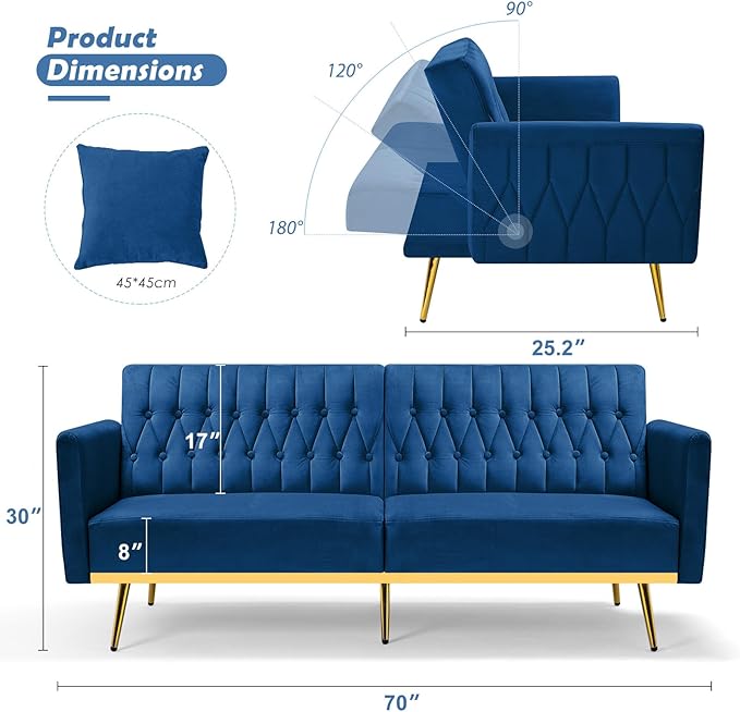 70 Velvet Futon with Adjustable Backrest and Armrests Sofa Bed with Extra Pillows for Waiting Room Living Room and Office Blue