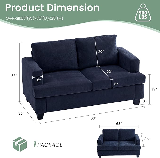 YOUDENOVA 2 Piece Set Comfy Sofa Couch 3 Seater &amp Loveseat Sofa with Deep Seats Modern Sleeper Couch for Living Room Navy Chenille