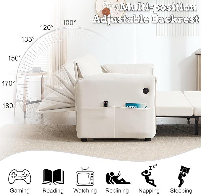 63 Velvet Pull Out Sofa Bed 3-in-1 Convertible Futon Loveseat Queen Sleeper Sofa Couch Bed with Adjustable Backrest USB Ports &amp Side Pockets Modern Sofas for Living Room Apartment Beige