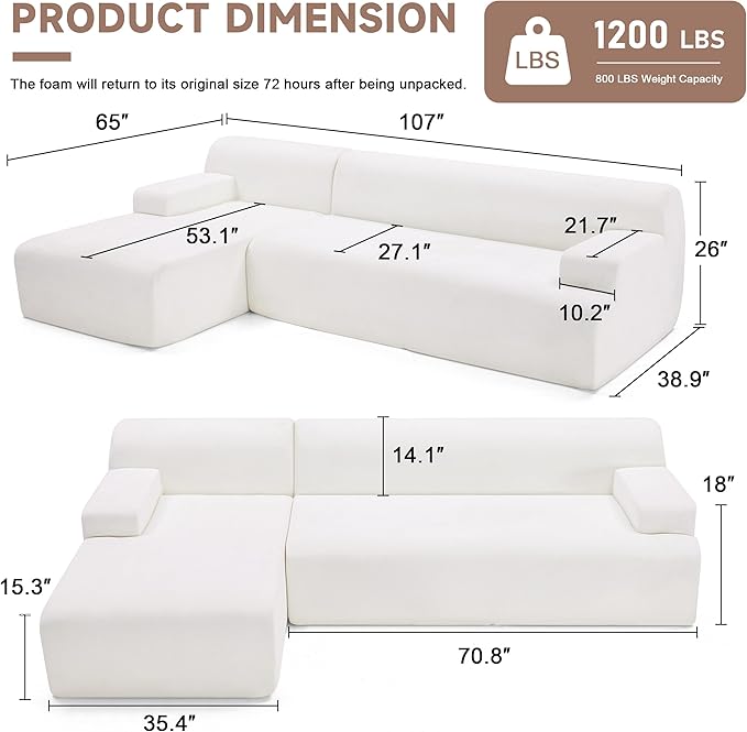 107 Modular Sectional Sofa Boneless Couch Sponge Sectional Sofa for Living Room High Density Sponges Cloud CouchModular L-Shape with Chaise White