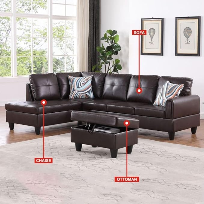 Brown L-Shaped 3-Piece Faux Leather Sofa with Storage Ottoman Set Sectional Couch Sofa Set for Living Room Office Small Space