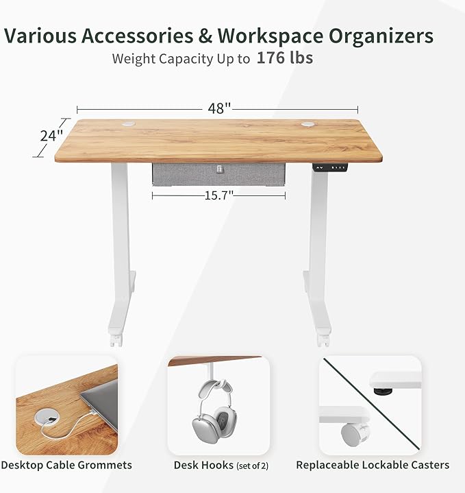 FEZIBO Standing Desk with Drawer: 48 x 24 Electric Height Adjustable with Storage Ideal for Home Office as an Ergonomic Computer Desk Light Rustic Brown